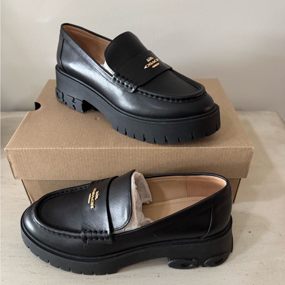 Coach Ruthie Leather Loafers Black with Gold Logo and COACH on Heel